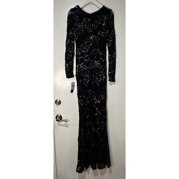 Betsy & Adam Black Floral Sequin Full Length Gown Size 4 NWT Teal Silver Roses - Picture 8 of 14
